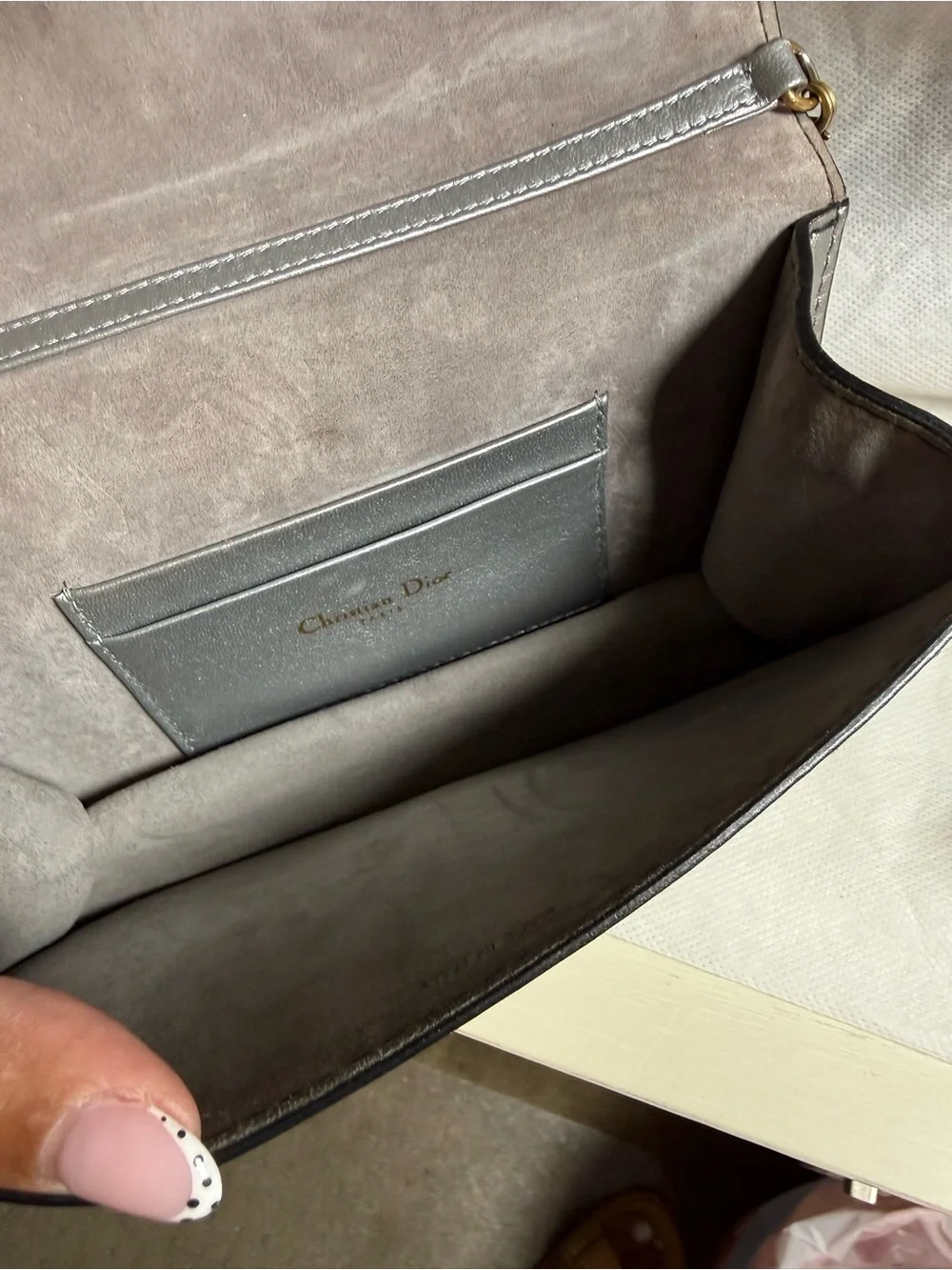 Dior J'Adior wallet metallic leather and signature gold-tone hardware.